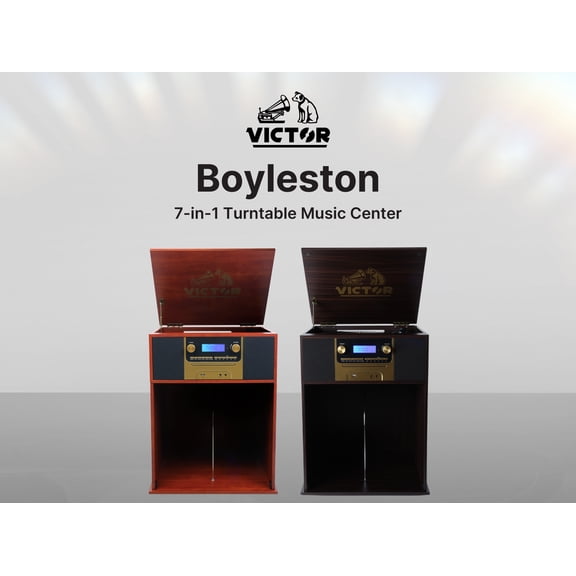Victor Boyleston 7-in-1 Bluetooth Wireless Turntable Music Center with USB Speakers, Mahogany