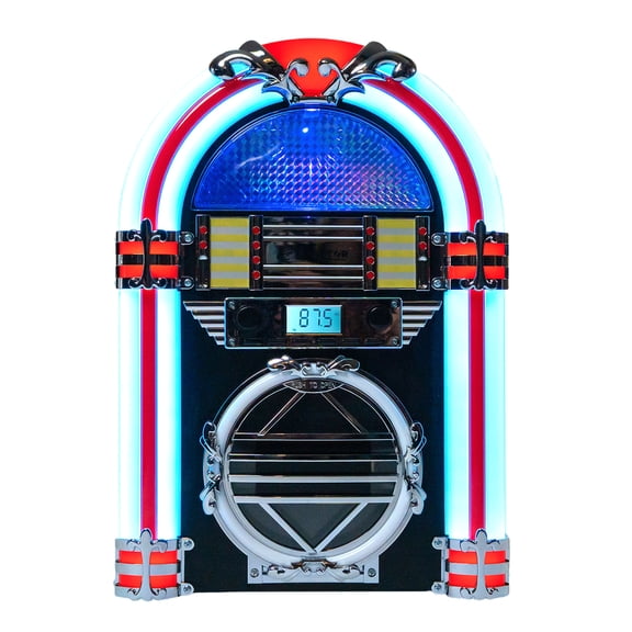 VICTOR Broadway Desktop Bluetooth Jukebox with CD Player, FM Radio, Built-in Stereo Speakers, and Color Changing LED Lighting, Blue