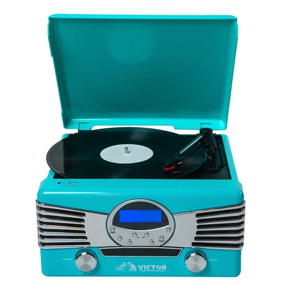Victor Vintage 7-in-1 Turntable Music Center with Built-in Speakers, Bluetooth, Radio, USB, Turquoise