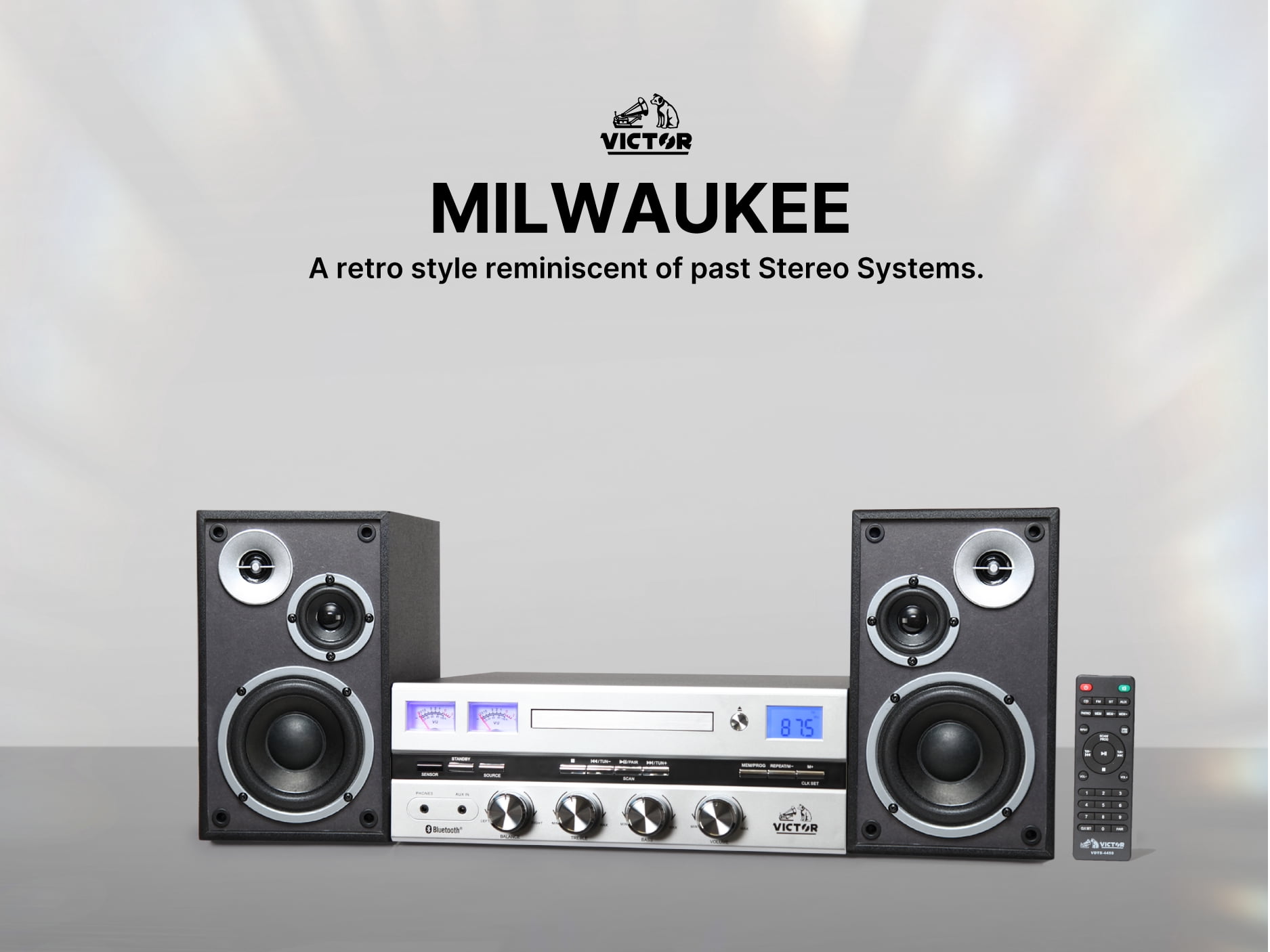 VICTOR Milwaukee 50 Watt Desktop Bluetooth Stereo System with CD Player, FM Radio, Functioning VU Meters, Wireless Remote Control and Detached Stereo Speakers, Silver (VDTS-4450-SL)