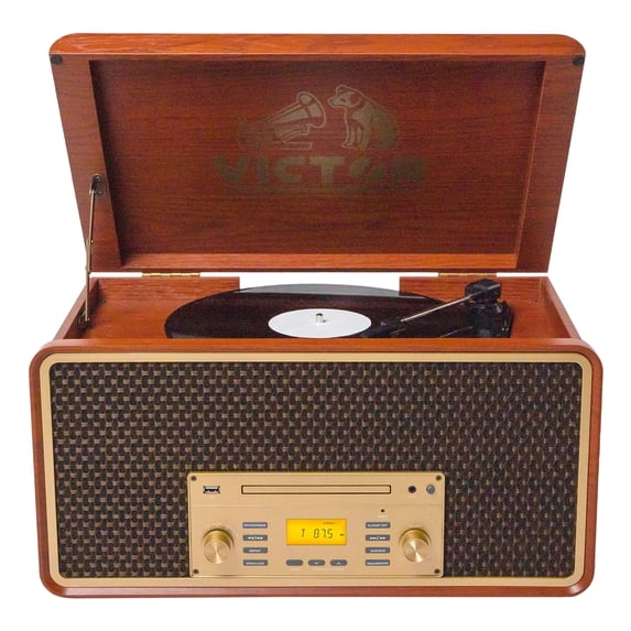 Victor Bluetooth Stereo Turntable Record Player with Wireless Speakers, Mahogany