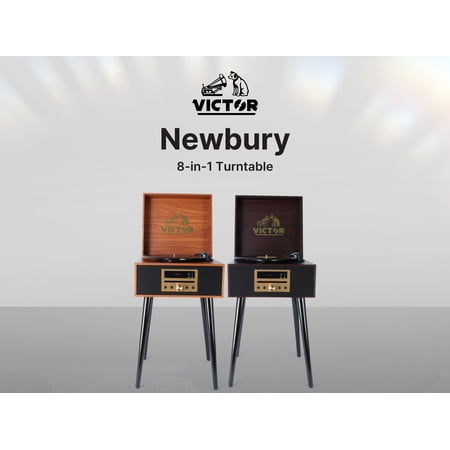 Victor Newbury 8-in-1 Vintage Bluetooth Turntable Music Center with Chair Height Legs, Mahogany