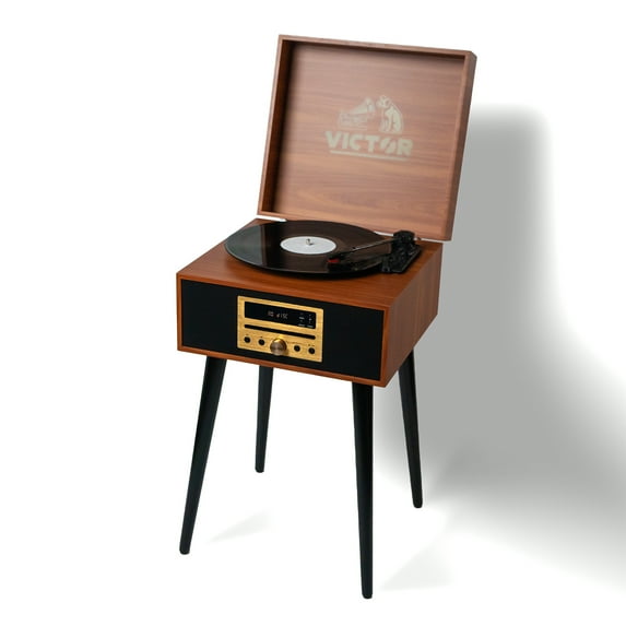 Victor Newbury 8-in-1 Vintage Bluetooth Turntable Music Center with Chair Height Legs, Mahogany