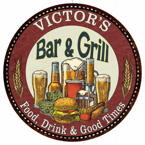 VICTOR'S Bar and Grill 14" Round Metal Sign Kitchen Wall Decor 100140020358