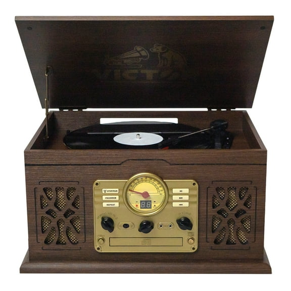Open Box VICTOR State 7-in-1 Turntable Music Center with 3-Speed Record Player, CD/MP3/Cassette Player, FM Radio, Dual Bluetooth In & Out, and Built-in Stereo Speakers, Espresso (VWRP-3800-ES)