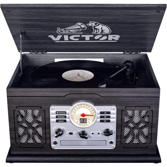 VICTOR State 7-in-1 Turntable Music Center with 3-Speed Record Player, CD/MP3/Cassette Player, FM Radio, Dual Bluetooth In & Out, and Built-in Stereo Speakers, Graphite (VWRP-3800-GR)