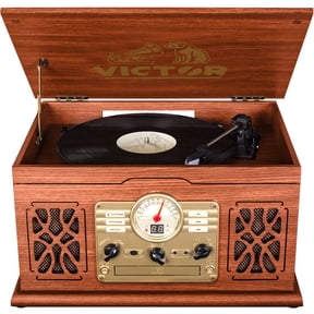 VICTOR State 7-in-1 Turntable Music Center with 3-Speed Record Player, CD/MP3/Cassette Player, FM Radio, Dual Bluetooth In & Out, and Built-in Stereo Speakers, Mahogany (VWRP-3800-MH)