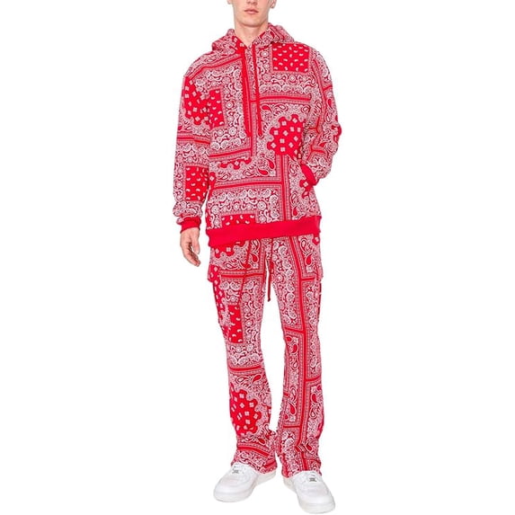 VICTORIOUS Men's Bandana Pullover Cargo Flared Fleece Set ST890 Red 2X-Large