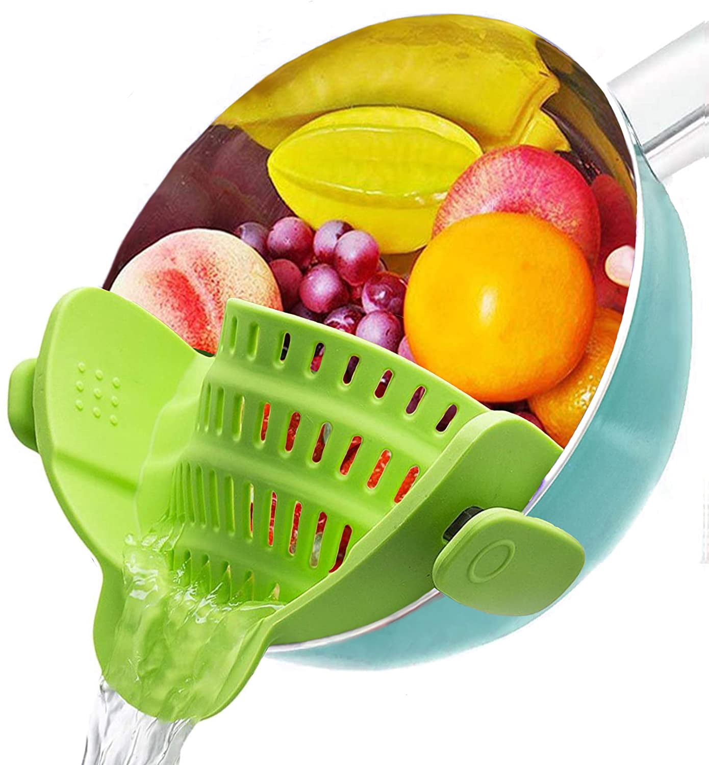 VICVEO Silicone Clip on Strainer, Patented Clip on Silicone Colander, Clip-on Kitchen Food Strainer for Pasta,Fits Almost Pots (Green)