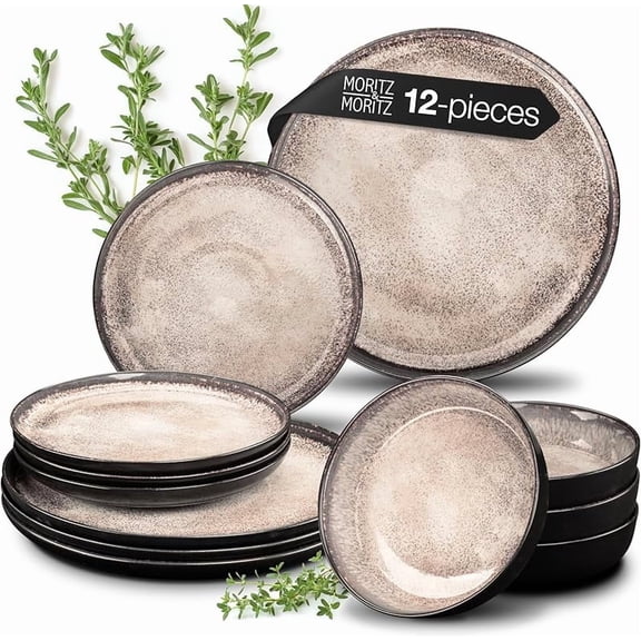 MY VIDA 12-Piece Porcelain Dinnerware Plate Set for 4 | Includes 4 Dinner Plates, 4 Dessert Plates, 4 Bowls | Modern Beige Ceramic Tableware, Stoneware Look, Microwave & Dishwasher Safe Dishes