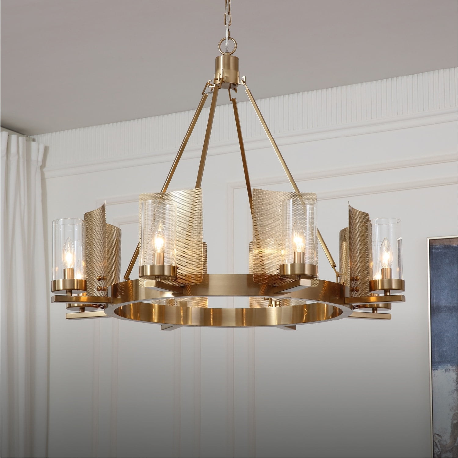 VIDALITE  Aurelia 8-Light Brass Chandelier, Round Pendant Chandelier Light in Brass Art-Deco Style with Clear Glass Shade