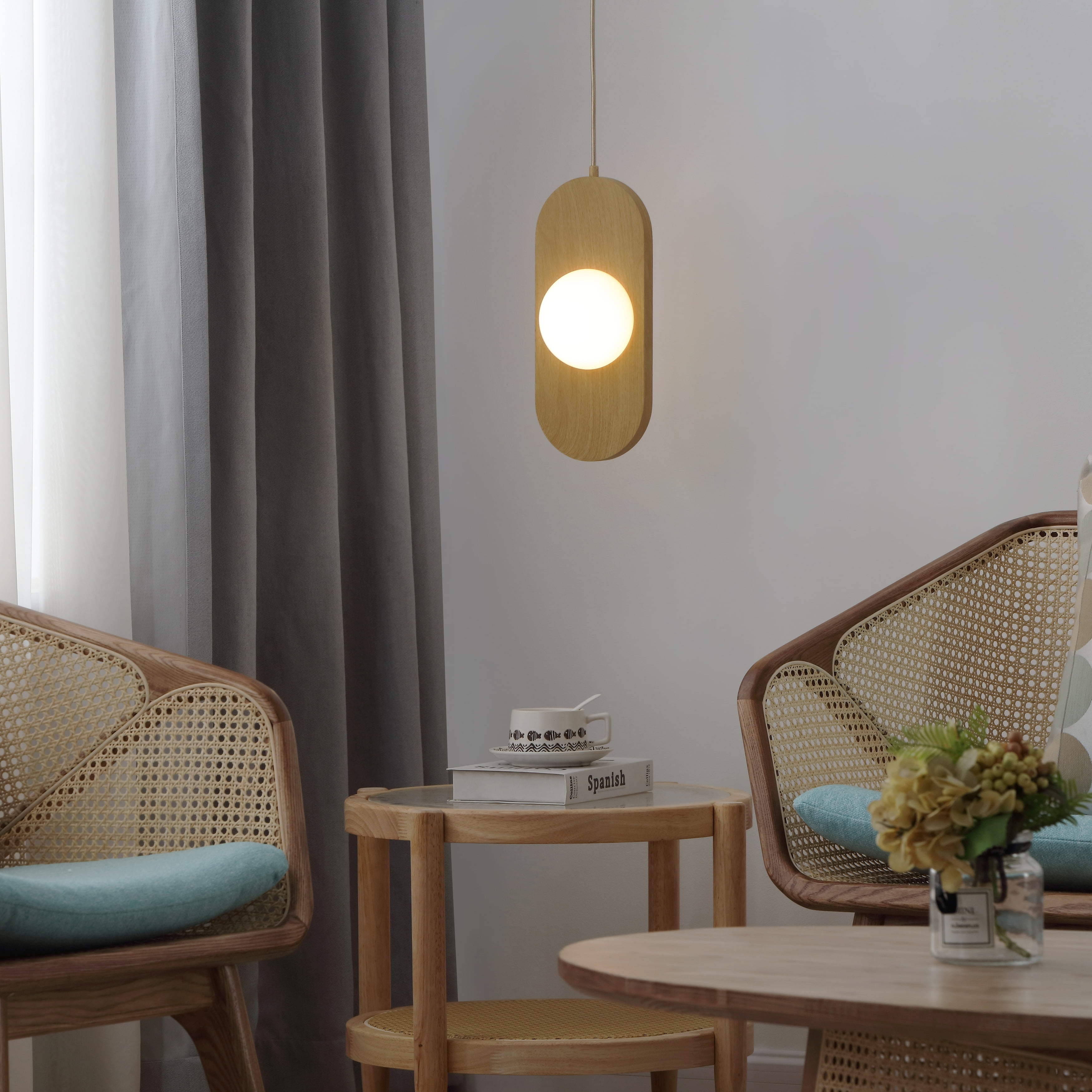 Natural Wood and Frosted Glass LED Pendant Light, 14" x 6"