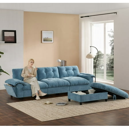 Modern L-Shape Sectional Sofa 104*60" with Multifunctional Armrests, Cup Holder & Storage - Chenille