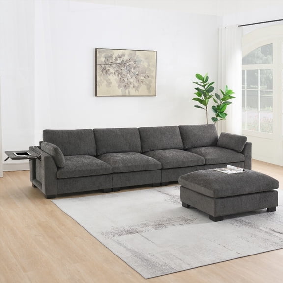 [Modern Minimalist Chenille 130" Sectional Sofa with Folding Table and Dual-Port Charging, Side Storage Pockets]