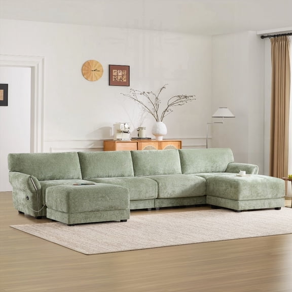 Modern Simple Chenille 142" Modular Sectional Sofa with Petal Armrest, USB/Type-C Charging and Free Movement Ottoman