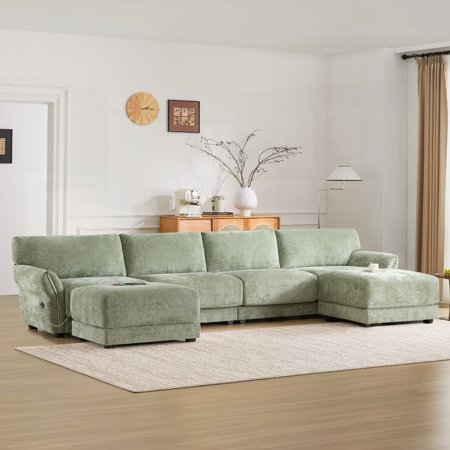 [VIDEO]142" Modular Sectional Sofa - With Petal Armrests, Wood Frame, Charging Features, Free Positioning Ottoman