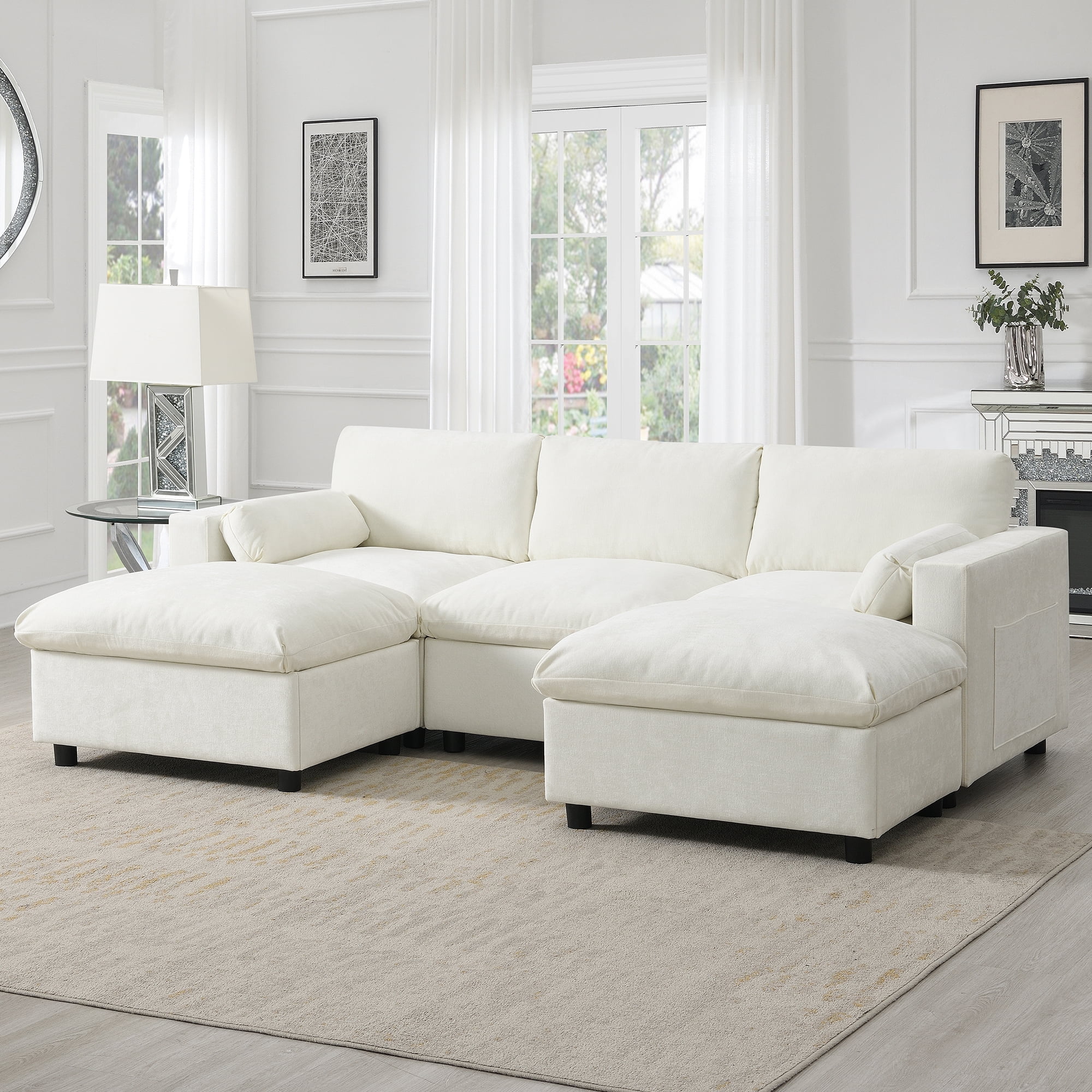 Modern Chenille Cloud Sofa – 4-Seater U-Shaped Sectional With 2 Ottomans – Deep Seats, Reversible Design, Easy Assembly, Black
