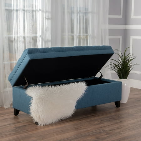 Juliana Storage Ottoman: Stylish Blue Fabric Upholstered Footrest with Sturdy Birch Legs for Living Room, Bedroom, Entryway - Generous Hidden Storage & Extra Seating, 50" W x 20.5" D