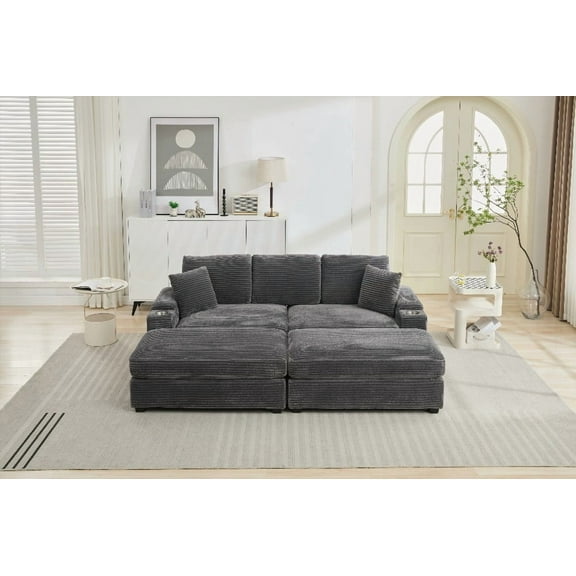 [VIDEO/New]Modular Convertible Sectional Sofa Bed Set - Armrest Storage & Stainless Steel Cup Holder, USB Charging, Upholstered in Corduroy for Living Room, Loft & Office