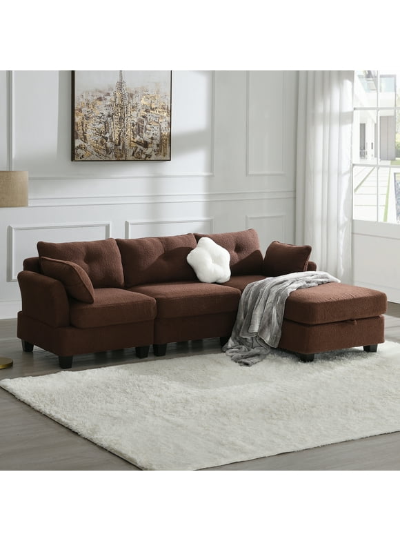[VIDEO provided] [New] 92*63"Modern Teddy Velvet Sectional Sofa,Charging Ports on Each Side,L-shaped Couch with Storage Ottoman,4 seat Interior Furniture for Living Room, Apartment,3 Colors(3 pillows)