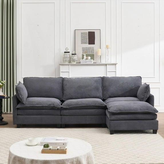 Modern Velvet U-Shaped Sofa 220×80×75cm with Ottoman and Lumbar Pillows for Living Room