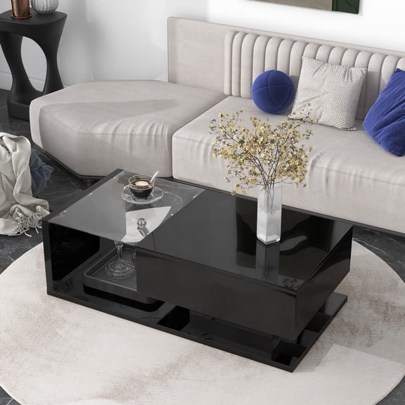 [VIDEO provided] ON-TREND Black Coffee Table with Tempered Glass & Wooden Construction, High-gloss UV Surface, Open Space & Metal Glide Drawer