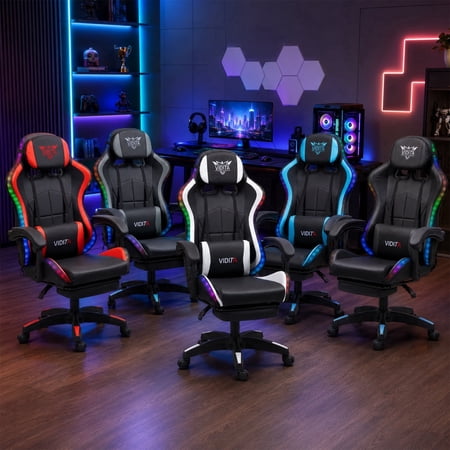 VIDITA Ergonomic PU Leather Home Offices Gaming Chair with Massage Function and LED Lights, Black/White