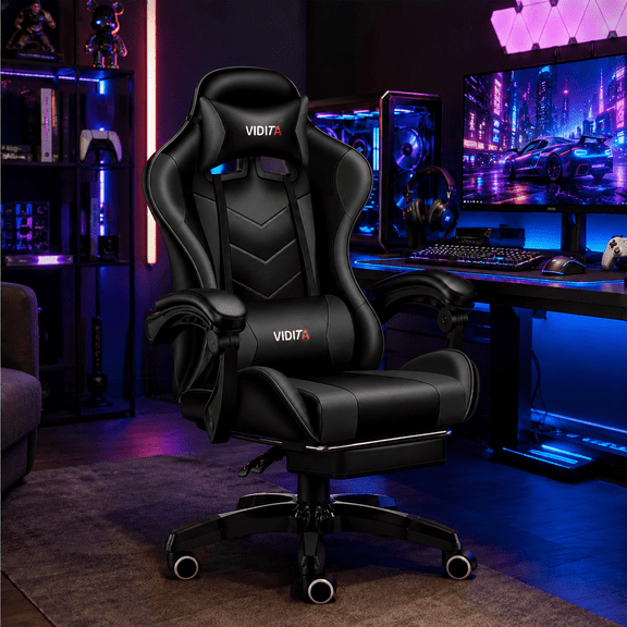 VIDITA Gaming Chair: Ergonomic office chair with footrest and lumbar support; height-adjustable high-back gaming chair with headrest; suitable for adults;Black