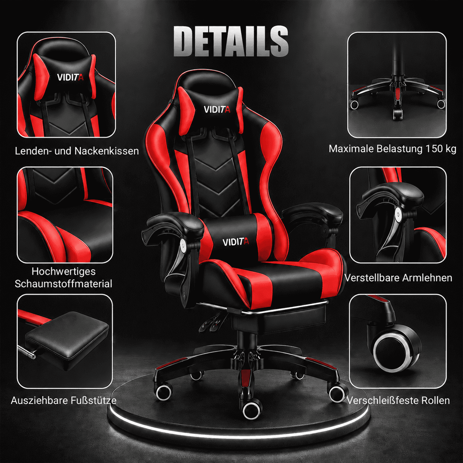 VIDITA Ergonomic Gaming Chair with Footrest, Lumbar Support