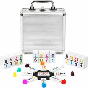 VIDITA Mexican Train Dominoes Game Set, Double 15 Colored Dot Dominoes, 136 Pieces with Aluminum Carrying Case, Classic Family Board Game