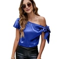thumbnail image 1 of VIDUSSA Women's Off Shoulder Silk Satin Tops Short Sleeve Bow Tie Casual Dressy Blouse Shirts Blue XS, 1 of 5