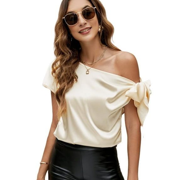 VIDUSSA Women's Off Shoulder Silk Satin Tops Short Sleeve Bow Tie Casual Dressy Blouse Shirts Champagne S