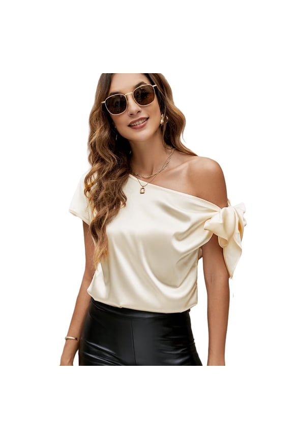 Women's Off Shoulder Silk Satin Tops Short Sleeve Bow Tie Casual Dressy Blouse Shirts Champagne XS