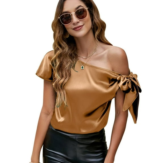 VIDUSSA Women's Off Shoulder Silk Satin Tops Short Sleeve Bow Tie Casual Dressy Blouse Shirts Coffee 3XL