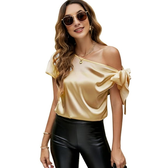VIDUSSA Women's Off Shoulder Silk Satin Tops Short Sleeve Bow Tie Casual Dressy Blouse Shirts Gold XXL