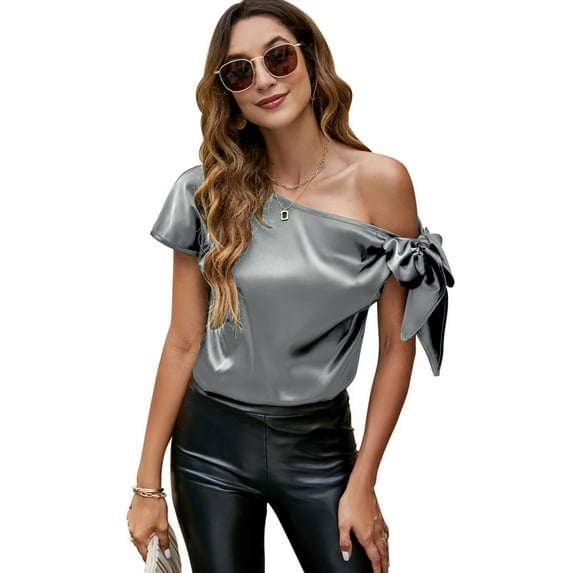 VIDUSSA Women's Off Shoulder Silk Satin Tops Short Sleeve Bow Tie Casual Dressy Blouse Shirts Grey XL