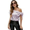 thumbnail image 1 of VIDUSSA Women's Off Shoulder Silk Satin Tops Short Sleeve Bow Tie Casual Dressy Blouse Shirts Light Purple XL, 1 of 5
