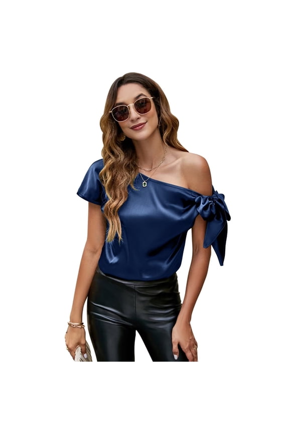 Women's Off Shoulder Silk Satin Tops Short Sleeve Bow Tie Casual Dressy Blouse Shirts Navy Blue XXL