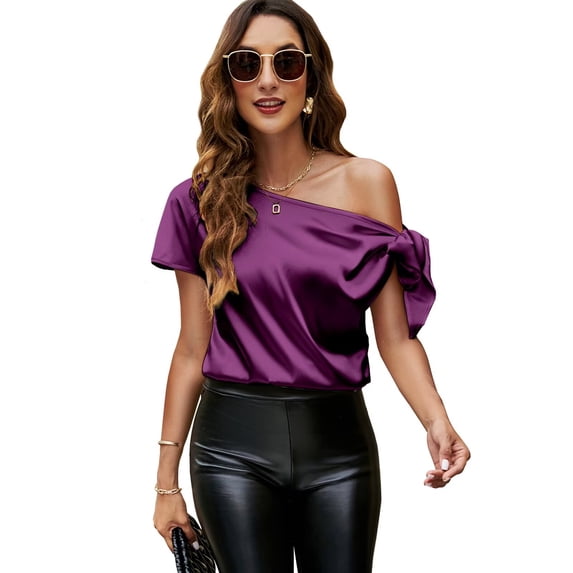 VIDUSSA Women's Off Shoulder Silk Satin Tops Short Sleeve Bow Tie Casual Dressy Blouse Shirts Purple L