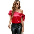 thumbnail image 1 of VIDUSSA Women's Off Shoulder Silk Satin Tops Short Sleeve Bow Tie Casual Dressy Blouse Shirts Red XL, 1 of 5