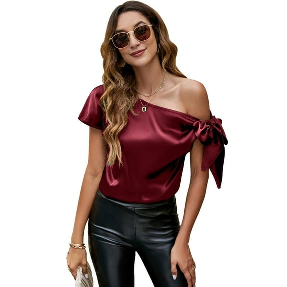 VIDUSSA Women's Off Shoulder Silk Satin Tops Short Sleeve Bow Tie Casual Dressy Blouse Shirts Wine Red XL