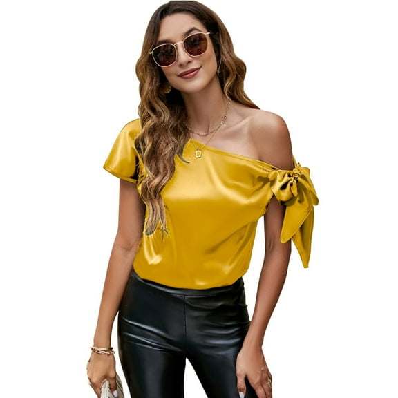 VIDUSSA Women's Off Shoulder Silk Satin Tops Short Sleeve Bow Tie Casual Dressy Blouse Shirts Yellow M