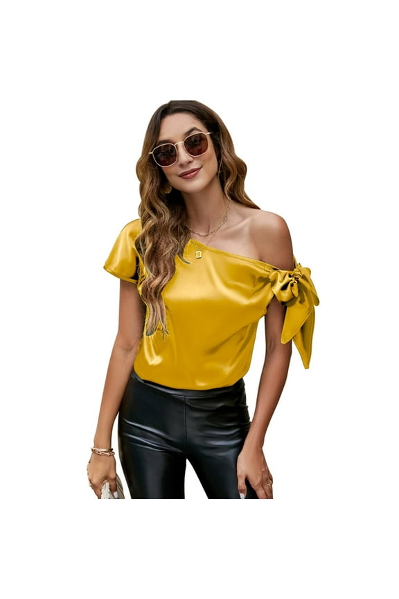 Women's Off Shoulder Silk Satin Tops Short Sleeve Bow Tie Casual Dressy Blouse Shirts Yellow M