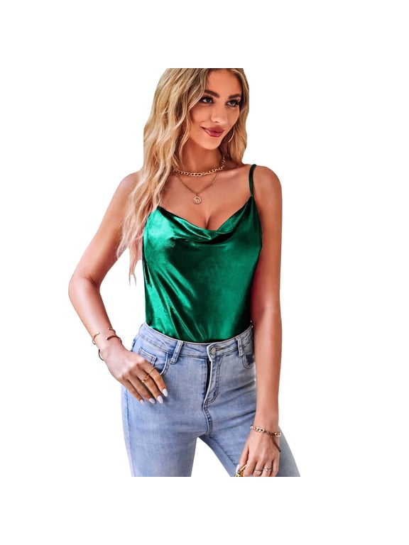 Women's Sparkly Tank Tops Cowl Neck Sleeveless Glitter Dressy Casual Cami Shirt Shimmer Camisole Green S