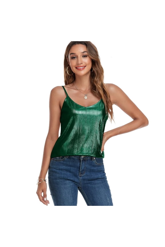Women's Tank Tops Fashion Glitter Party Strappy Sleeveless Tank Shirt Sparkle Shimmer Cami Green L