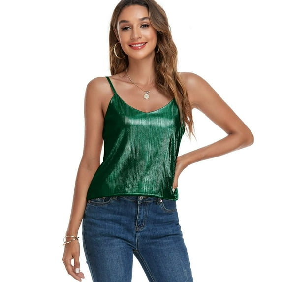 VIDUSSA Women's Tank Tops Fashion Glitter Party Strappy Sleeveless Tank Shirt Sparkle Shimmer Cami Green XL