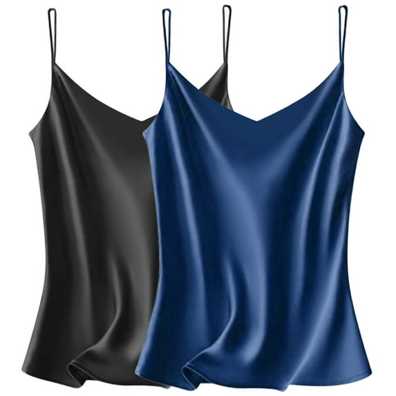 VIDUSSA Womens Pack Silk Satin Tank Tops V Neck Casual Cami Sleeveless Camisole Blouses Basic Tank Shirt 2 Pack Black+Blue L