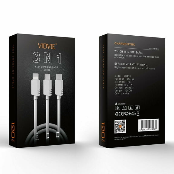 VIDVIE 3 In 1 Fast Charging Cable compatible with iPhone, Micro, Type C, Charger Cable CB413 White 3 in One