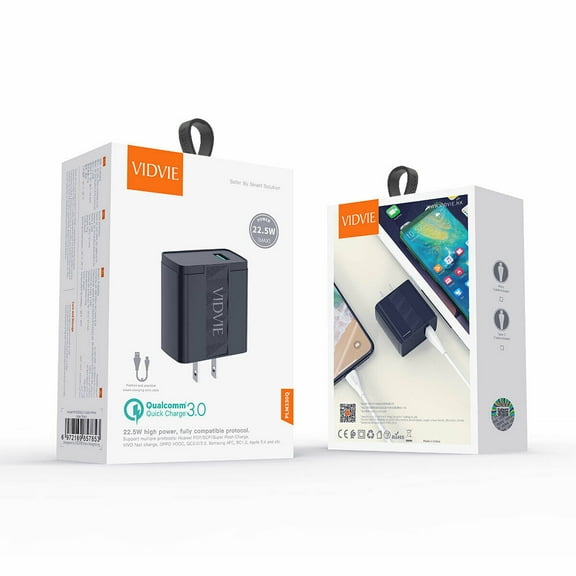 VIDVIE Fast Charger Block Wall charger with Usb to Type c Cable QC 22.5W PLM330Q Black