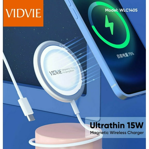 VIDVIE - Magnetic Wireless Charger with Fast Charging Capability, Type C Wall Charger, Compatible with iPhone and AirPods, Compatible MagSafe Charger Model WLC1405